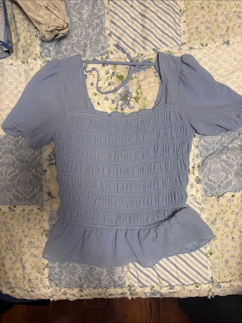 A. Byer Dusty Blue Smocked Peplum Puff Sleeve Top